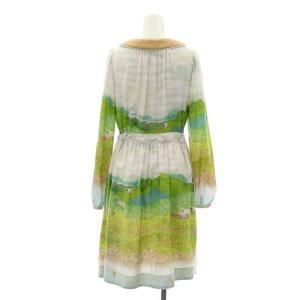 franche lippée ワンピース ミモレ ロング 長袖 総柄 シルク混 M 白 ホワイト 緑 グリーン
