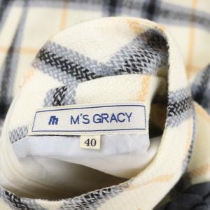 M'S GRACY リブ袖チェックワンピース ロング ミモレ丈 ニット ウール 40 オフホワイト マルチカラー