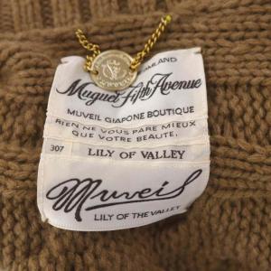 MUVEIL ケーブルニットポンチョ リボン 五分袖 タートルネック ウール 38 ライトブラウン