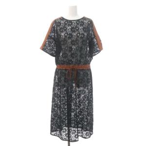 レースライン配色ワンピース ロング 半袖 ドロスト 36 紺 茶色 ネイビー ブラウン