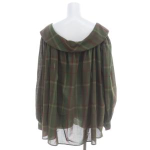 ELIN タータンチェックオープンネックブラウス ウール 36 S 緑 グリーン