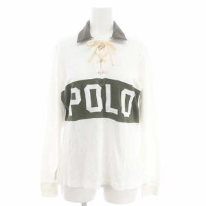 ロゴ レースアップ カットソー ポロシャツ 長袖 コットン M 白 ホワイト カーキ