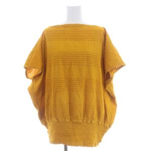 ボートネックボーダーオーバーサイズブラウス カットソー 半袖 フレンチスリーブ プルオーバー コットン F 黄 イエロー