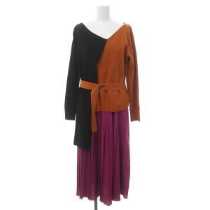 イレギュラーニットワンピース ロング 長袖 アシンメトリー プリーツ 36 黒 オレンジ ピンク