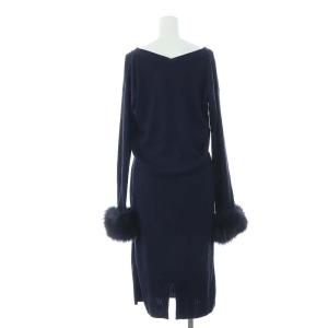 Diagram GRACE CONTINENTAL FOXファー付ニット ワンピース ロング ミモレ丈 長袖 ハーフボタン ベルト付き 36 紺 ネイビー