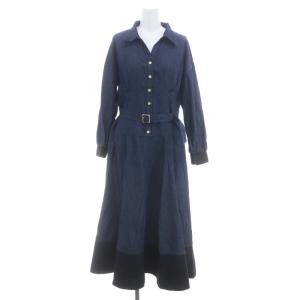 22AW ボリュームフレア シャツワンピース ロング マキシ丈 長袖 スキッパー バイカラー ベルト付き 38 紺 黒 ネイビー