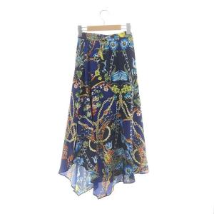 GRACE CONTINENTAL チェーンフラワープリントスカート フレア ロング 36 紺 マルチカラー ネイビー