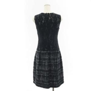 PAULE KA 近年モデル レース ツイード 切替 ワンピース 膝丈 ノースリーブ 38 黒 白 グレー シルバー色