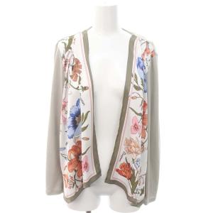 フラワースカーフカーディガン ニット 切替 長袖 36 グレー マルチカラー