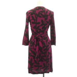 DIANE von FURSTENBERG ラップワンピース 長袖 膝丈 総柄 シルク 0 紫 黒 パープル ブラック