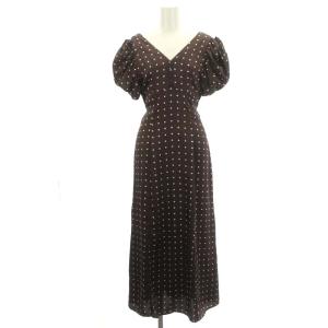 ギャザーパフスリーブドットワンピース ロング 半袖 Vネック 水玉柄 0 茶 白 ブラウン ホワイト