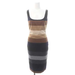 ウール ボーダー ノースリーブ ワンピース 膝丈 38 黒 グレー 紺 茶 ベージュ