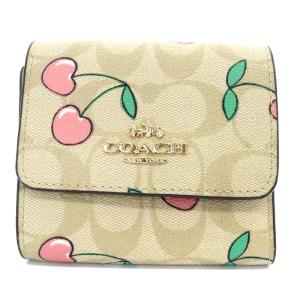 スモール トライフォールド ウォレット・シグネチャー キャンバス ハート チェリー プリント 財布 三つ折り ベージュ CF399