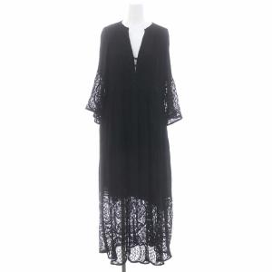 レース切替マキシワンピース ロング 七分袖 36 黒 ブラック