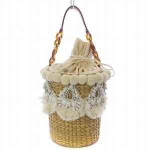刺繍 バスケット かご ハンドバッグ 巾着 ストロー オーナメントモチーフ ビジュー バケツ チェーン切替 ワンハンドル アイボリー