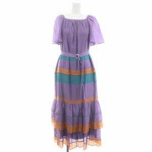 22SS シルク綿配色 ワンピース ロング丈 マキシ丈 半袖 スクエアネック 袖フレア ベルト付き 36 S マルチカラー