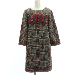 ワンピース 長袖 膝丈 グレンチェック 花柄刺繍 38 黒 白 赤 緑