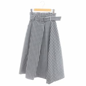 チェックレイヤードフレアスカート ロング ベルト付き 36 黒 白 ブラック ホワイト