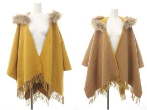 リバーシブル ストール ポンチョ フード ファー F ベージュ 黄 イエロー