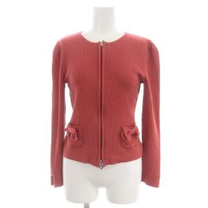ジップアップニットカーディガン 長袖 リボン ウール ビジュー装飾 38 ピンク