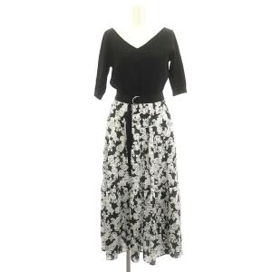 コスメプリントニットワンピース 七分袖 ロング 花柄 ティアード Vネック 36 黒 チャコールグレー 白