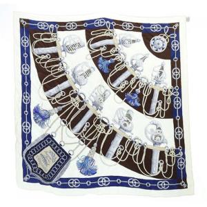 22SS Cliquetis カチカチ 剣柄 カレ90 スカーフ 総柄 白 ホワイト 青 ブルー
