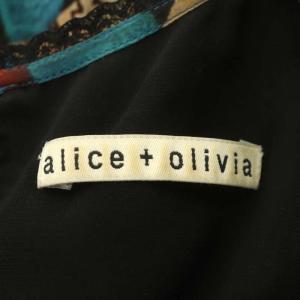 alice + olivia シルクブラウスワンピース 総柄 膝丈 レース 長袖 ターコイズブルー ブラック
