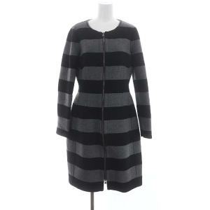 ボーダーコート アウター ロング ノーカラー ジップアップ ウール 42 グレー 黒 ブラック