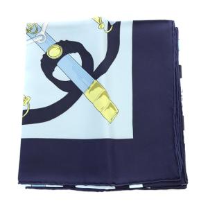 HERMES 黄金の拍車 Eperon d'or カレ90 スカーフ 総柄 紺 ネイビー 水色 ブルー