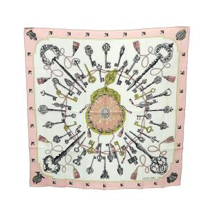 LES CLES スカーフ 鍵柄 カレ90 絹 シルク 白 ホワイト ピンク