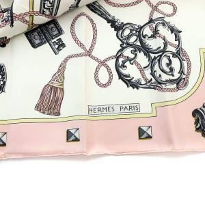 HERMES LES CLES スカーフ 鍵柄 カレ90 絹 シルク 白 ホワイト ピンク