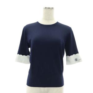 21SS 配色カフス付きニット カットソー 半袖 40 紺 白 ネイビー ホワイト