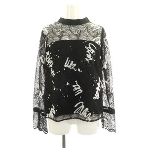 23SS レースフロッキープリントトップ ブラウス プルオーバー 長袖 38 黒 ブラック