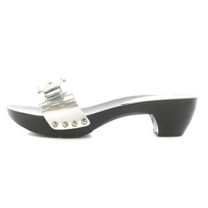 Salvatore Ferragamo ミュール ヒール レザー 7 24.5cm シルバー色 黒 ブラック