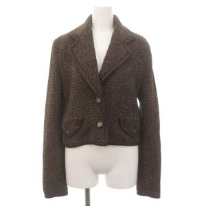 ツイードクロップドジャケット ニット テーラード 背抜き ウール混 シルク混 アンゴラ混 42 茶色 ブラウン