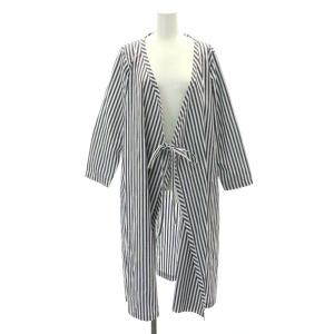 コットン リネン ストライプ ガウン ジャケット ロング 長袖 白 ホワイト 紺 ネイビー