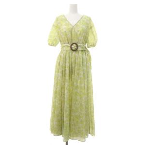 エスニックフラワー ワンピース ロング マキシ丈 半袖 カシュクールデザイン ベルト付き 36 黄色 白 イエロー ホワイト