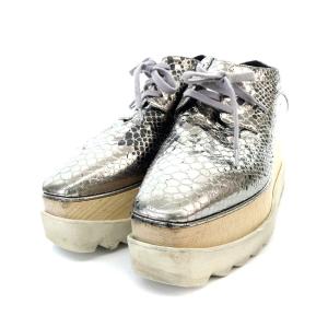 シューズ パイソン型押し プラットフォーム フェイクレザー 38 25cm シルバー色