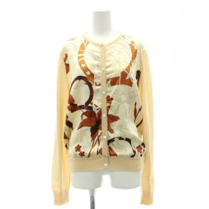 Salvatore Ferragamo シルク 切替ロゴフラワープリントカーディガン 長袖 ウール L ベージュ 茶色 青
