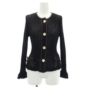 ウール リボン リブカーディガン ニット 長袖 Uネック 38 黒 ブラック