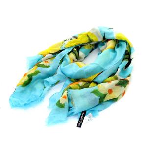 DOLCE&GABBANA スカーフ 大判 レモン柄 フルーツ柄 シルク混 フリンジ 水色 ブルー