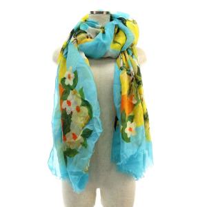 DOLCE&GABBANA スカーフ 大判 レモン柄 フルーツ柄 シルク混 フリンジ 水色 ブルー