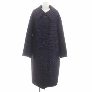 ラメツイードコート アウター ロング ステンカラー 総裏地 ウール混 36 黒 ブラック 紫 パープル