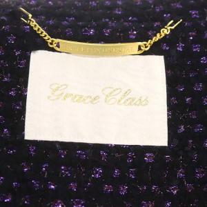 Grace Class ラメツイードコート アウター ロング ステンカラー 総裏地 ウール混 36 黒 ブラック 紫 パープル