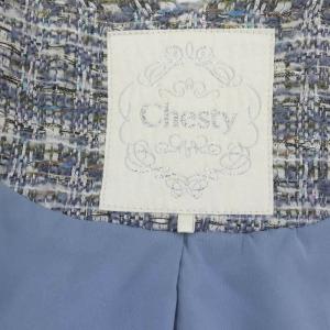 Chesty 22AW スカラップツイードジャケット ノーカラー ウール混 1 スモークブルー 白 マルチカラー