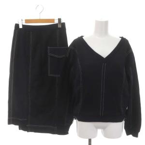 切替ドロストカット セットアップ カットソー 長袖 Vネック ロング丈 ミモレ丈 イージー ジョガー S 黒 ブラック 白