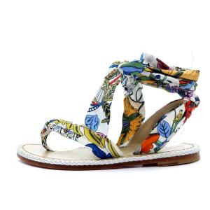 Christian Louboutin Spetsos ボタニカルプリントサテンサンダル トング フラット レースアップ 37 24cm 白 ホワイト
