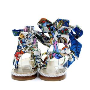 Christian Louboutin Spetsos ボタニカルプリントサテンサンダル トング フラット レースアップ 37 24cm 白 ホワイト