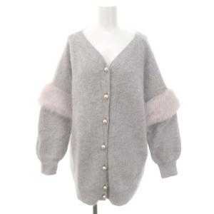 アーム切替ファーニットカーディガン 長袖 Vネック パールボタン アンゴラ 36 グレー ライトグレー