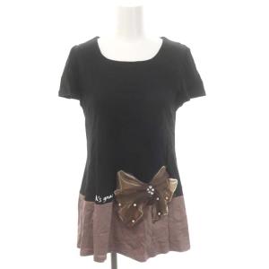 パール リボン カットソー Tシャツ チュール 半袖 38 黒 ブラック